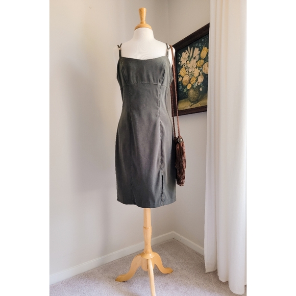 90s Green Faux Suede 1990s Vintage Split Strap Scoop Neck VTG Slip Dress - Picture 3 of 12